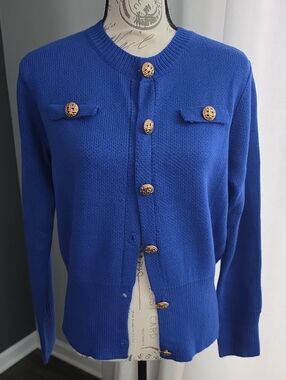 Vibrant Blue Women's Crewneck Gold Button Cardigan Sweater